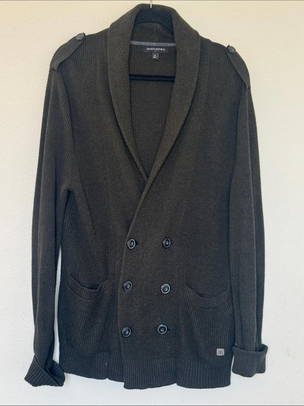 Banana Republic Men's Dark Green Double-Breasted Cardigan Pea Coat Style